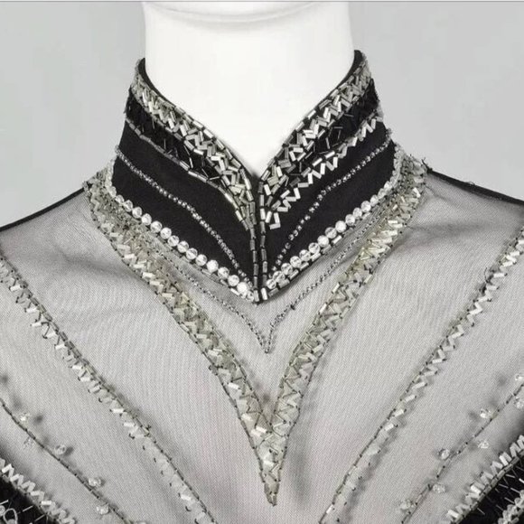 Bob Mackie Art Deco Gown Mandarin Neck Black Sheer Mesh, Deep V Plunge Beaded, - Picture 5 of 12